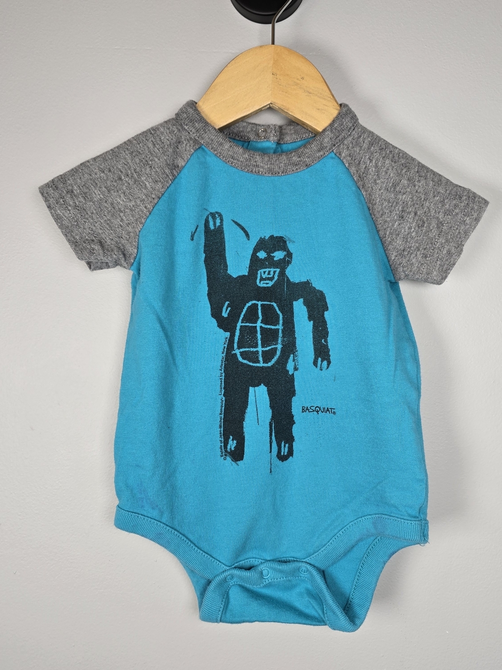 GAP Turquoise Bodysuit with Gray Raglan Sleeves - Basquiat Graphic
